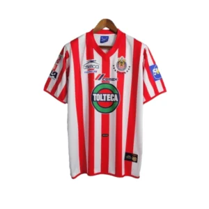 Camisa Retrô Chivas Guadalajara I 2001/2002 - Masculina Atlética - Branca com detalhes em vermelho e azul com todos os patrocínios