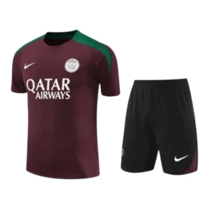 Kit Treino adulto - Camisa e Shorts - Paris Saint-Germain Nike 24/25 - Vinho e preto com detalhes em verde