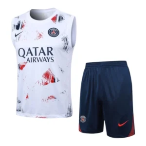 Kit Treino adulto - Camisa e Shorts - Paris Saint-Germain Nike 24/25 - Branco e azul com detalhes em vermelho