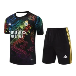 Kit Treino adulto - Camisa e Shorts - Real Madrid Adidas 24/25 - Preto com desenho de Dragão colorido