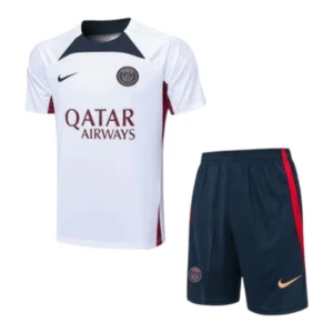 Kit Treino adulto - Camisa e Shorts - Paris Saint-Germain Nike 23/24 - Branco e azul com detalhes em vermelho