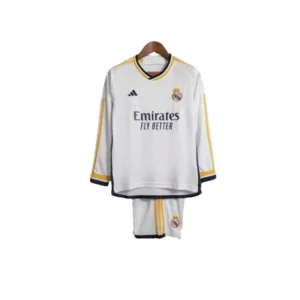 Kit Infantil Real Madrid I manga longa 23/24 - Adidas - Branco com detalhes em preto e amarelo