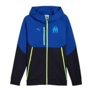 Jaqueta Corta-Vento Olympique Marseille 25/26 - Puma - Azul e preta com detalhes em amarelo neon
