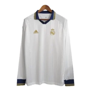 Camisa Retrô Real Madrid Treino 2019/2020 manga longa - Adidas Masculina - Branca com detalhes em azul e dourado