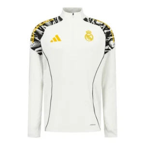 Camisa Real Madrid Pré-jogo Marvel Avengers 25/26 manga longa - Torcedor Adidas Masculina - Branca com detalhes em preto e amarelo