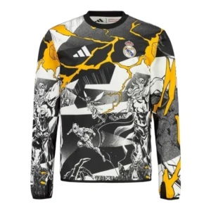 Camisa Real Madrid Pré-jogo Marvel Avengers 25/26 manga longa - Torcedor Adidas Masculina - Branca com detalhes em preto e amarelo